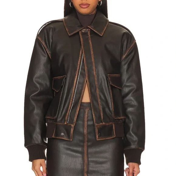 L’Academie - Bo Faux Leather Jacket in Brown, S - Picture 1 of 10
